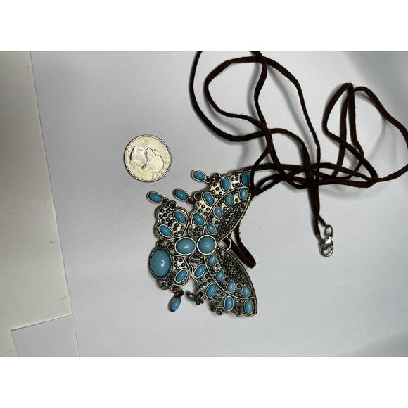 Butterfly necklace turquoise blue silver tone pendant on brown cord suede - Picture 4 of 10